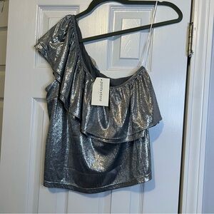 Silver Metallic One Shoulder Ruffle Top Party Night Out L NWT